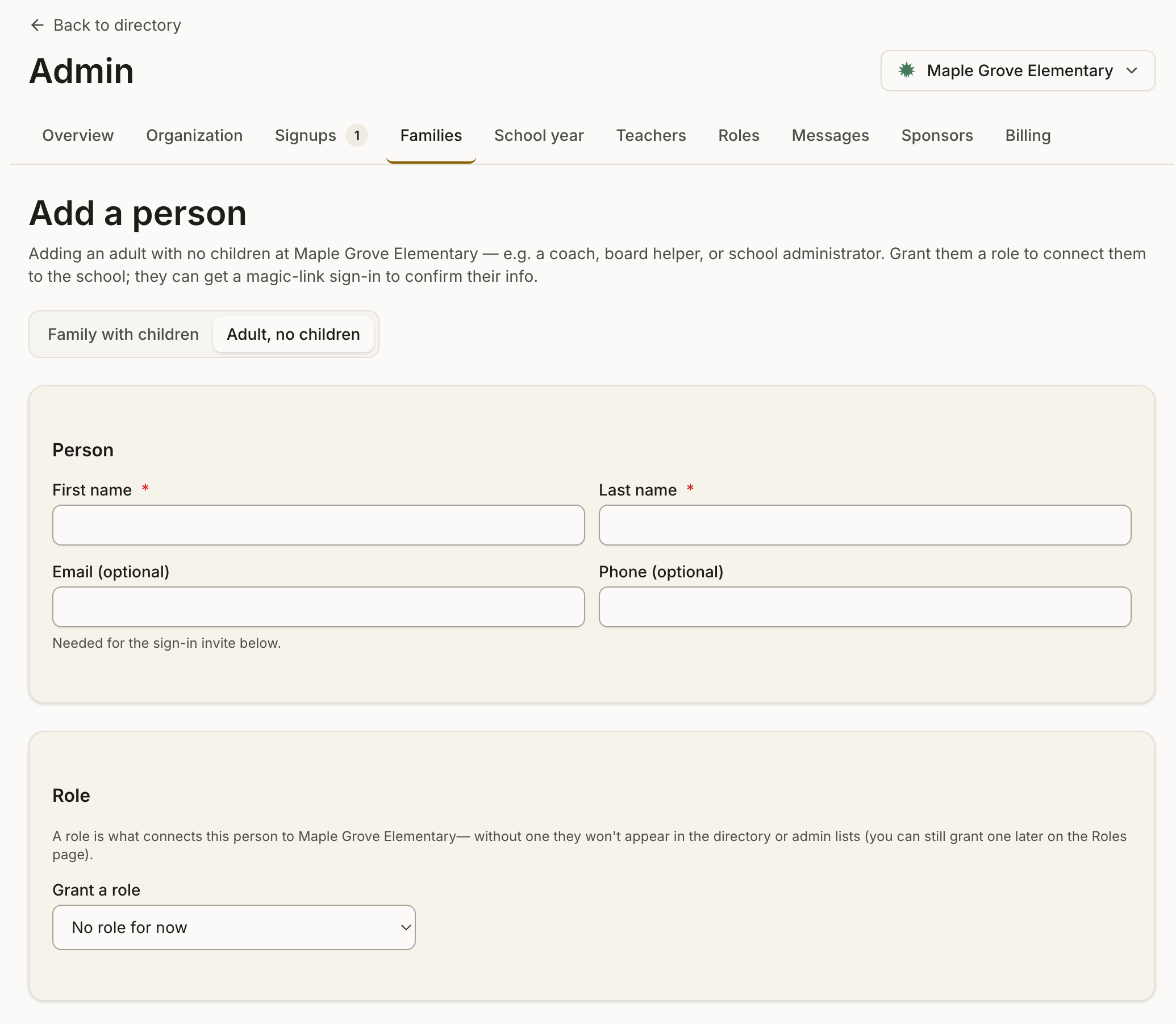 The Add a person screen with the Adult, no children option selected