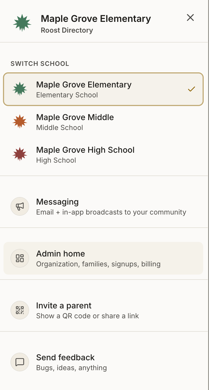 The menu open, showing the school switcher and the Admin home entry