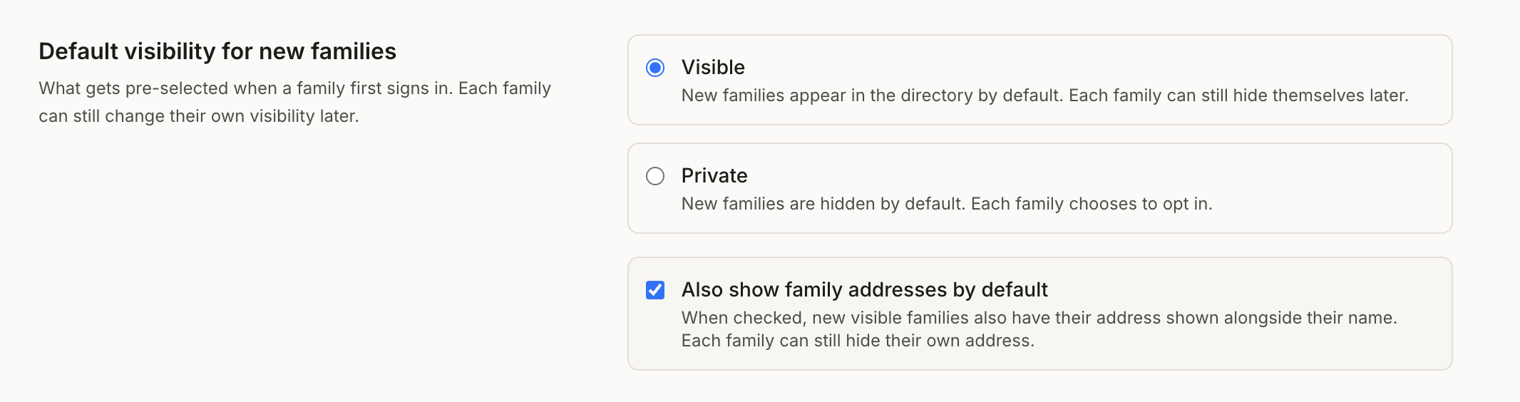 Default visibility for new families, with Visible selected and the address checkbox